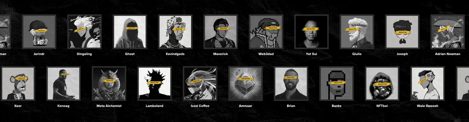 Redacted investors and advisors, a wall of redacted NFT avatars