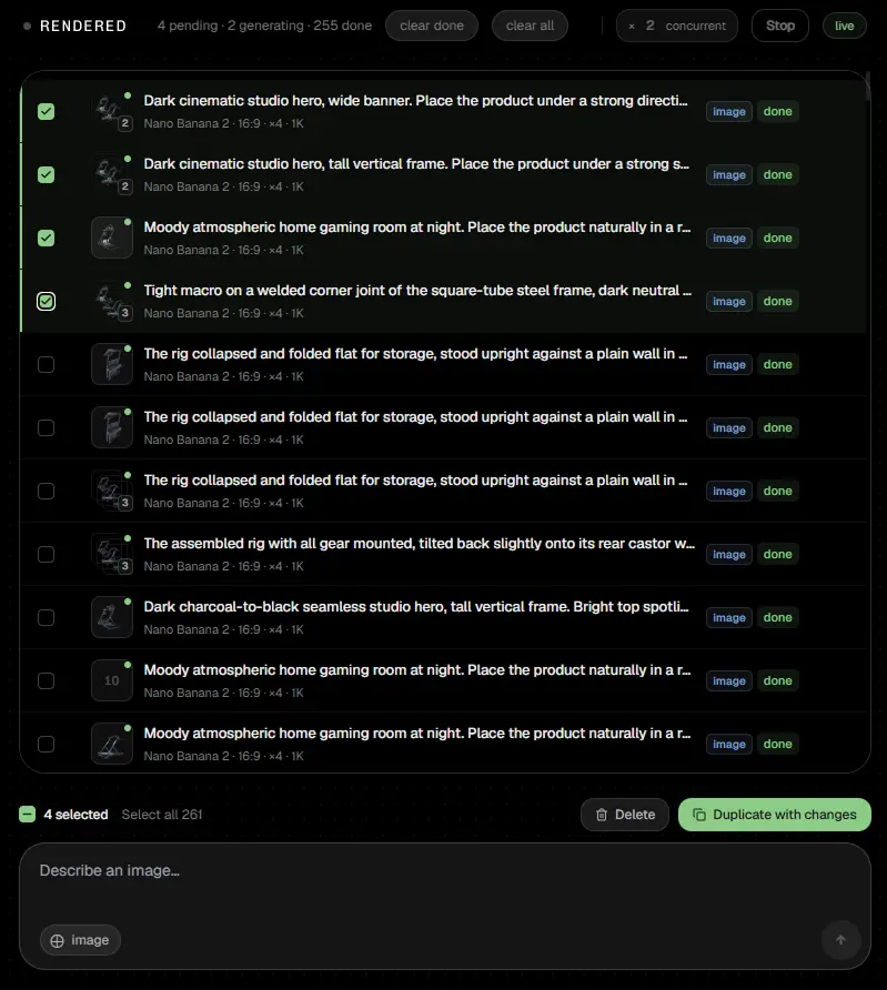 RENDERD queue UI mid-run — 4 pending, 2 generating, 255 done; a column of image jobs with thumbnails, batch selection, and the prompt bar below